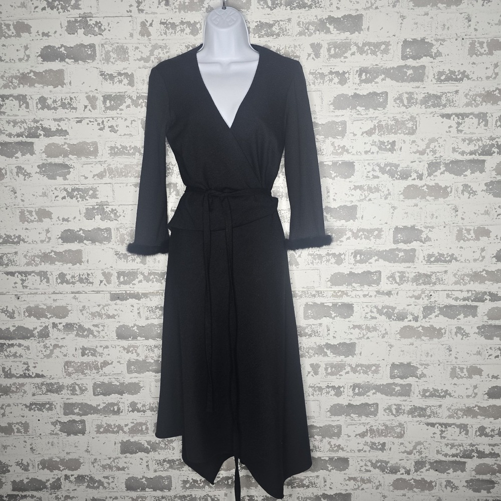 Kay Unger New York Dress Women 8 Black 100% Merino Wool Genuine Mink Trim Belted